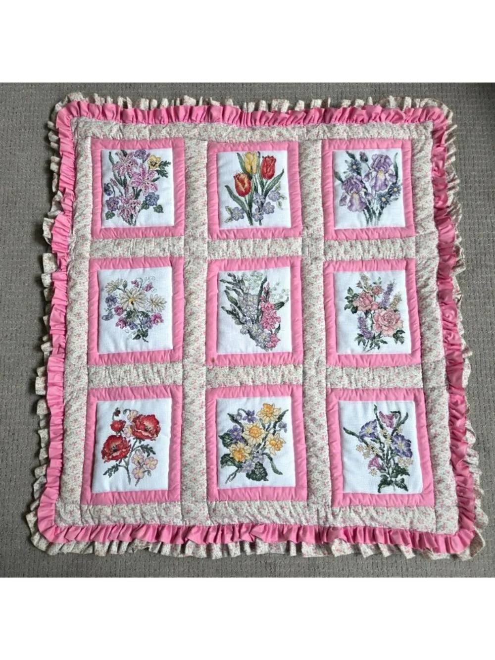 Handmade Hand Cross Stitched Embroidered Pink Floral Quilted Wall Hanging READ